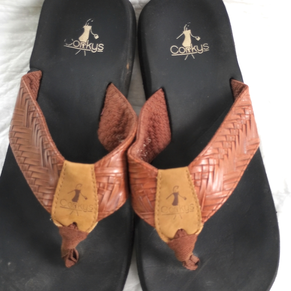 Conkys Flip Flop Sandals Brown Faux Leather 131 Size 7, Women's 9
